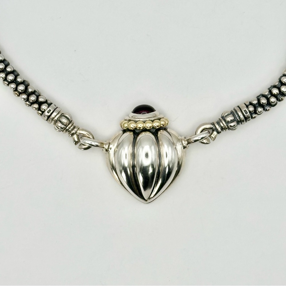 Lagos Caviar Two Tone Amethyst Fluted Heart Pendant Necklace
